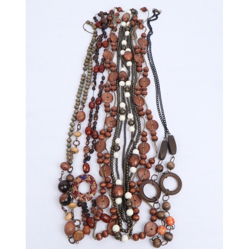 VTG Boho Ethnic Tribal Long Wood‎ Beaded Necklaces (6) Earth Tones